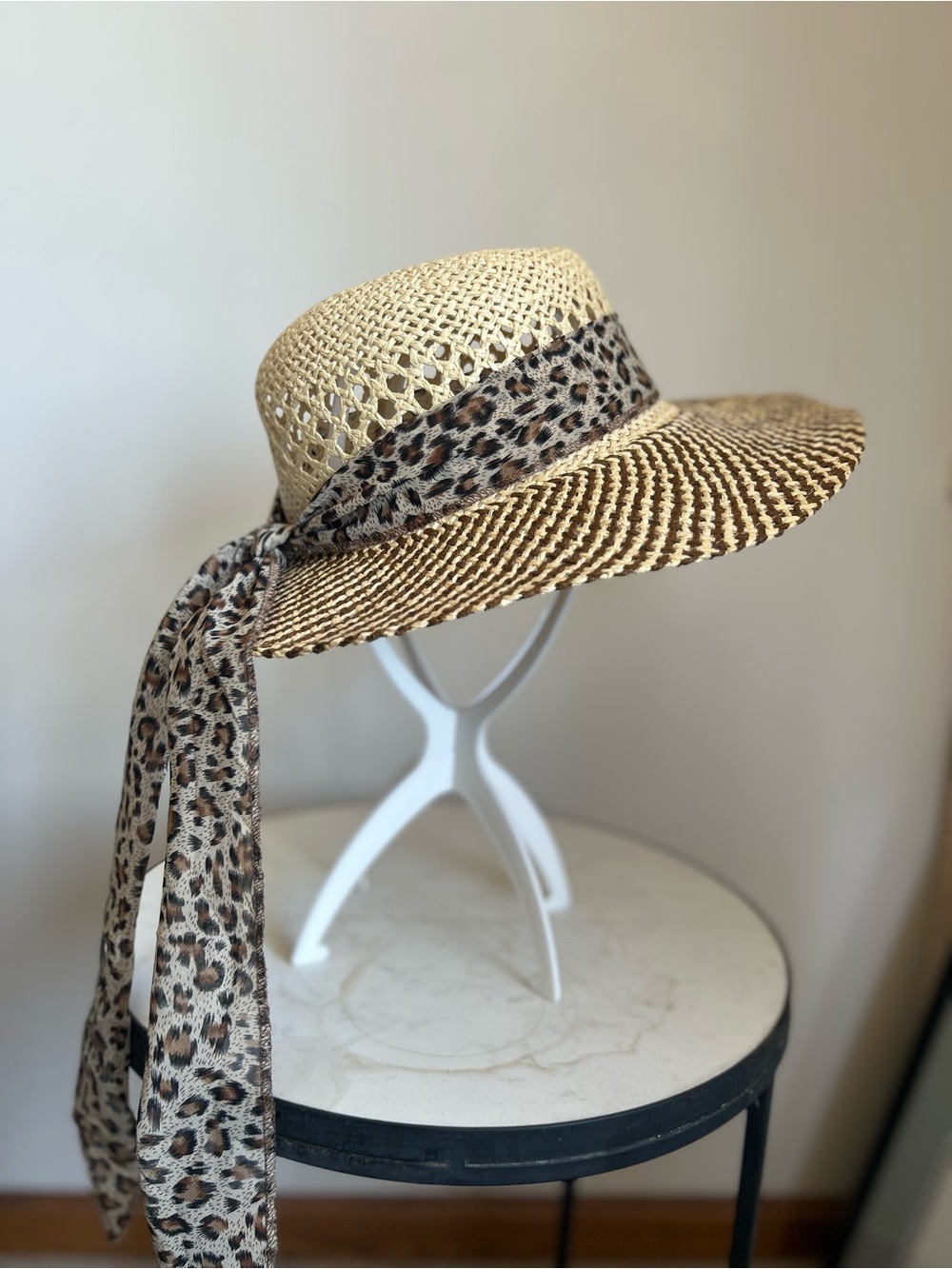 Vintage Straw Sun Hat with Leopard Scarf Trim - Beige